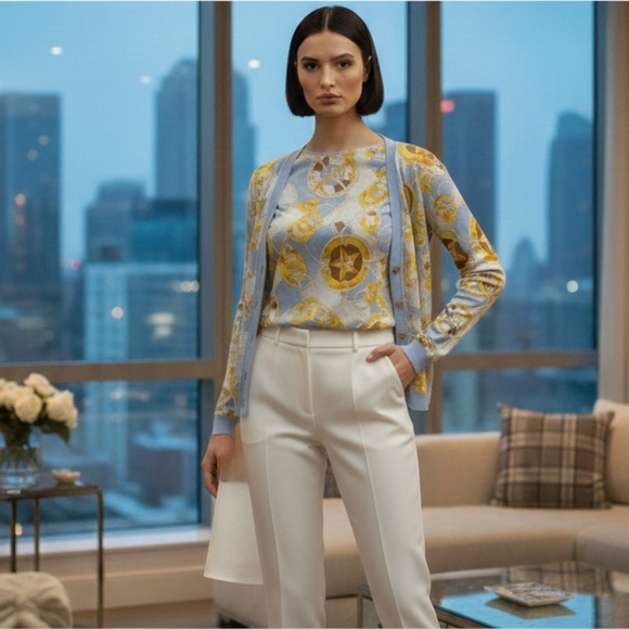 Celine Women's Yellow and White Button-Up Top L